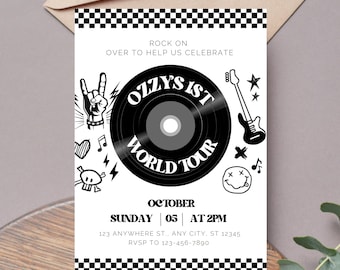 Puede incluir: Invitación en blanco y negro con un diseño de disco. El texto dice "Rock on over to help us celebrate Ozzy's 1st World Tour. October 05 at 2pm. 123 Anywhere St., Any City, ST 12345. RVSP to 123-456-7890."