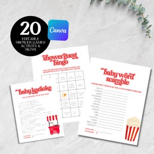 She&#39;s Ready To Pop Baby Shower Games & Activities Bundle, Template Editable Gender Neutral Theme Digital Canva Printable Popcorn Poppin PO1