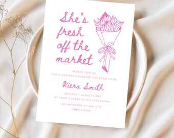 She's Fresh Off The Market Invitation Template | Editable Bridal Shower Theme | Digital Canva Printable Download, Flower Shop Farmers Market