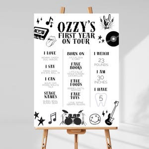 Plantilla de póster con datos del primer año de la gira mundial de rock and roll, tema editable para el primer cumpleaños, descarga imprimible digital de Canva.