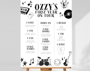 First World Tour Rock & Roll First Year Facts Poster Template, Editable One 1st Birthday Theme, Milestone Digital Canva Printable Download