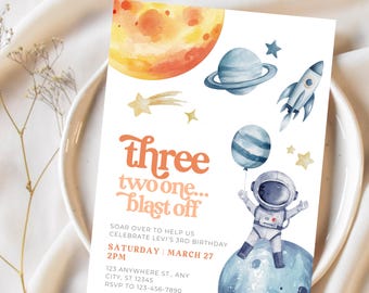 3, 2, 1 Blast Off Space 3rd Birthday Invitation Template Editable Boy Third Party Theme Digital Canva Printable Download Astronaut Three OS