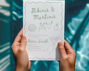 Bikinis and Martinis Bachelorette Bridal Shower Invitation Template Editable Party Theme Digital Printable Coastal Beach Hand Drawn