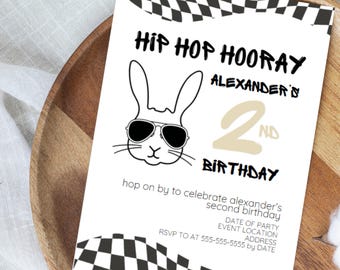 Hip Hop Hooray Bunny Invitation Template | Editable Easter Birthday Theme | Digital Instant Canva Printable Download | Hop On Over, Graffiti