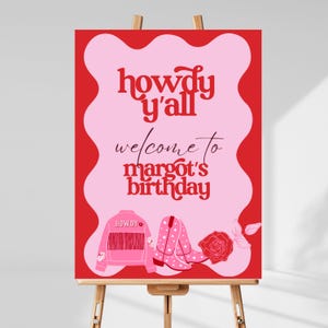 Two Dozen Roses Cowgirl 2nd Birthday Welcome Sign Template Editable Girl Theme Digital Canva Printable Download Pink Red Second Disco TD2