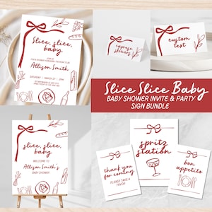 Slice Slice Baby Shower Template Bundle, Editable Invite, Welcome & Signs, Digital Canva Printable Download, Hand drawn Italian Pizza Bow