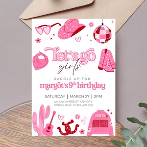 Disco Cowgirl 9th Rodeo Birthday Invitation Template Editable Girl Theme Digital Canva Printable Download Invite Pink Let&#39;s Go Girls DC1