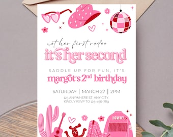 2nd Rodeo Invitation Template, Editable Girl Theme Digital Printable Download, Pink Disco Cowgirl Ain't My 1st Rodeo, Its My 2nd Western DC1
