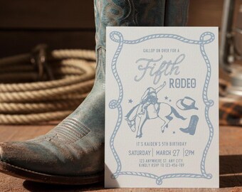 Fifth Rodeo Western Invitation Template Editable Boy 5th Birthday Theme Digital Canva Printable Sheet Country Cowboy Saddle Up For Fun