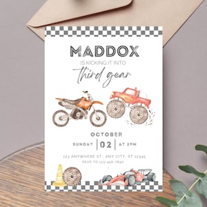 3rd Gear Drive Race Car Bike Monster Truck 3rd Birthday Invitation Template Editable Boy Theme Digital Canva Printable Download Third Gear