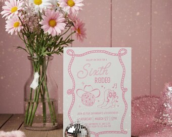 Disco Cowgirl 6th Rodeo Birthday Invitation Template Editable Girl Theme Digital Canva Printable Download Invite Pink Let's Go Girls DC1