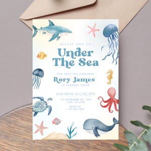 Può includere: Un invito a tema sottomarino. Il testo "Under The Sea" è visualizzato in blu, insieme a varie creature marine come uno squalo, una medusa e un polpo. L'invito include il nome "Rory James" e i dettagli dell'evento.