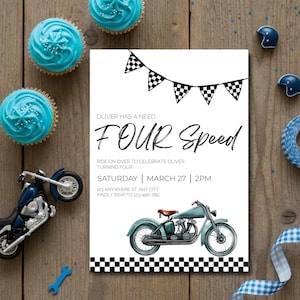 Need Four Speed Motorcycle Dirt Bike 4th Birthday Invitation Template Editable Ride Boy Fourth Theme Digital Canva Printable Download V0