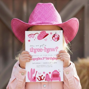 Disco Cowgirl 3rd Rodeo Birthday Invitation Template Editable Girl Theme Digital Canva Printable Download Invite Pink Three Haw Western DC1 image 1