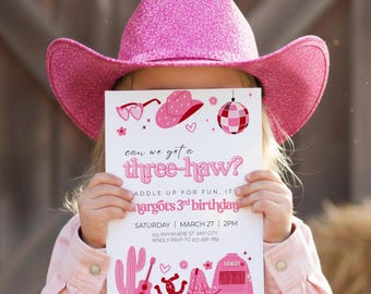 Disco Cowgirl 3rd Rodeo Birthday Invitation Template Editable Girl Theme Digital Canva Printable Download Invite Pink  Three Haw Western DC1