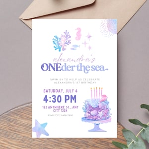 Oneder The Sea 1st Birthday Invitation Template Editable First Birthday Theme Digital Canva Printable Download Mermaid Ocean One-der M13