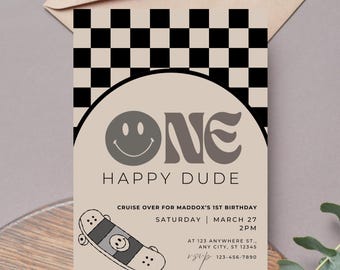 One Happy Dudeのレトロな1歳の誕生日招待状テンプレート、男の子向けの編集可能なテーマ、デジタル印刷可能なダウンロード、チェック柄のクールな顔のグルーヴィーなデザイン
