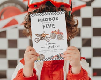 Race Car Birthday Invitation Template, Monster Truck Theme (Digital, Editable in Canva)