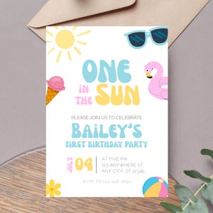 One in The Sun 1st Birthday Invitation Template | Editable Summer First Birthday Theme | Digital Printable Download | Pool Party Groovy Girl