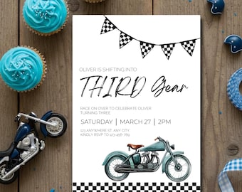 Dritte Ausrüstung Motorrad Dirt Bike 3. Geburtstag Einladung Vorlage, bearbeitbar Fahrt auf Over Boy Thema, Digital Canva druckbare Download V0