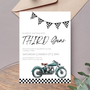 Third Gear Motorcycle Dirt Bike 3rd Birthday Invitation Template, Editable Ride on Over Boy Theme, Digital Canva Printable Download