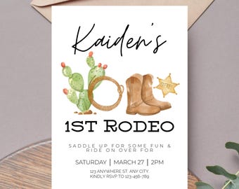 First Rodeo 1st Invitation Template, Editable Boy Birthday Theme Digital Printable Download, Little Cowboy is One Wild West Western Invite