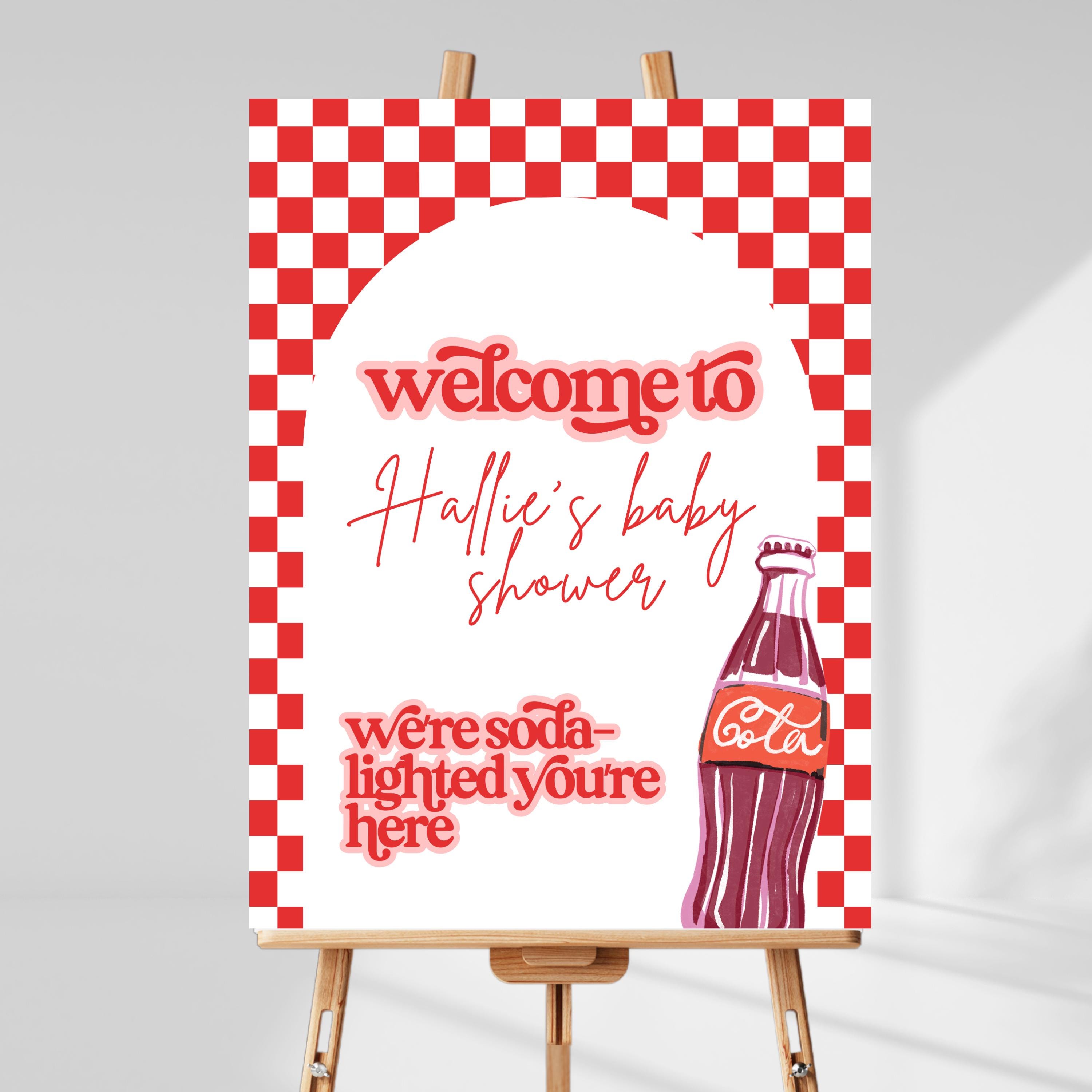 Sie ist bereit für die Pop Shower Willkommensschild-Vorlage, bearbeitbares geschlechtsneutrales Baby-Thema, digitales Instant Canva druckbare Soda Cola 50er Jahre Diner SO1