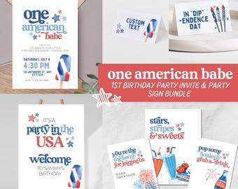 One American Babe July 4th Party Bundle, Editable Templates 1st Girl Birthday Theme Digital Summer BBQ USA Firework Signs Invite J04