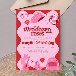 Two Dozen Roses Cowgirl 2nd Birthday Invitation Template Editable Girl Theme Digital Canva Printable Download Invite Pink Second Disco TD2