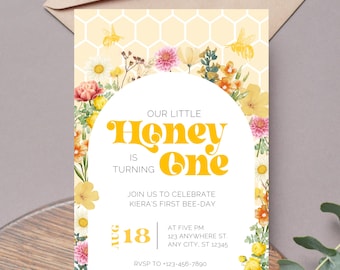 First Bee-Day Little Honey Turning One Invitation Template | Editable Bee 1st Birthday Theme | Digital Instant Canva Printable Download