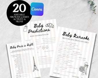 Plantilla de paquete de juegos y actividades para baby shower "Bonjour Bebe", editable, con temática de género neutro, imprimible en Canva digital, Café Bébé French Paris