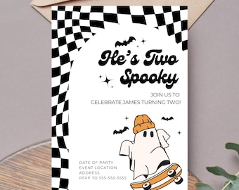 He's Two Spooky 2nd Birthday Invitation Template Editable Second Party Theme Digital Canva Download Retro Ghost Halloween Boo I'm Two H1
