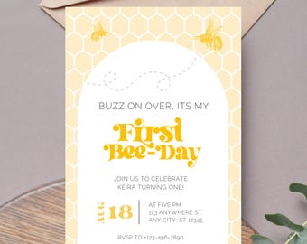 First Bee-Day Little Honey Turning One Invitation Template | Editable Bee 1st Birthday Theme | Digital Instant Canva Printable Download