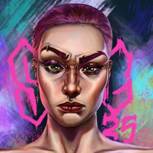 May include: A portrait of a person with pink hair and a serious expression. They have multiple piercings on their face and ears, and are wearing makeup with dark eyeshadow and eyeliner. The background is a colorful abstract design with pink, blue, and green hues.