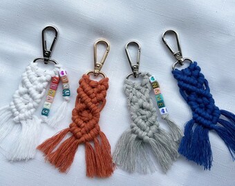 Small Macrame Keychain, personalized keychain, mini macrame keychain, boho initial keychain, gift for her, tassel fringe keychain, bag charm