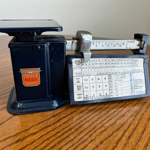 Antique Working Blue Postage Scale - Triner Air Mail Accuracy - 1 lb capacity - 1/2 oz Increments