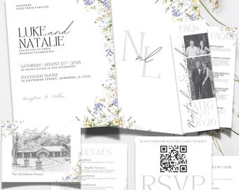 Conjunto de invitaciones de boda con diseño floral elegante (descarga digital)