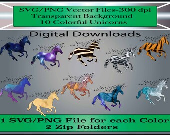 Unicorn SVG / PNG Clipart Files - Unicornios coloridos en 10 colores diferentes