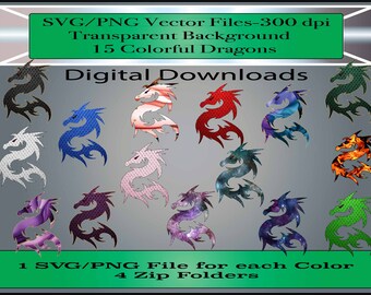 Dragon SVG / PNG Files - Conjunto de 15 dragones coloridos - Clipart Files