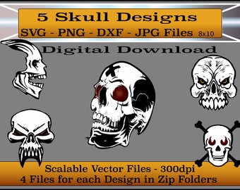 Skulls Clipart - SVG - PNG - dxf - jpg -Cut Files - Set of 5 Unique Skulls -Halloween Clip Art - Skulls for Halloween
