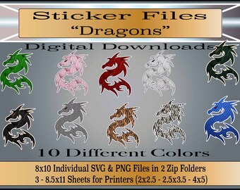 Archivos de pegatinas de dragón - Archivos SVG / PNG de pegatinas - Conjunto de 10 dragones coloridos