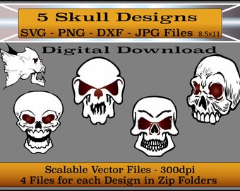 SVG - PNG - dxf - jpg -Cortar archivos - Conjunto de 5 calaveras únicas -Halloween Clip Art - Calaveras para Halloween