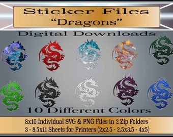 Archivos de pegatinas de dragón - Archivos SVG / PNG de pegatinas - Conjunto de 10 dragones coloridos