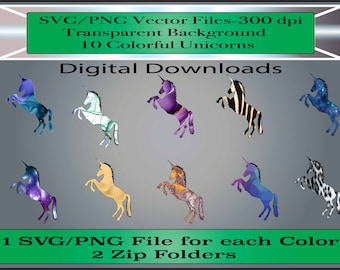 Unicorn SVG / PNG Clipart Files - Unicornios coloridos en 10 colores diferentes