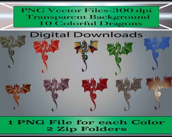 Dragons PNG Files - Conjunto de 10 dragones coloridos