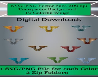 Alas de ángel - Alas coloridas - Archivos PNG-Fondo transparente - Conjunto de 10 'alas' de diferentes colores