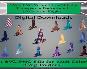 Eagles SVG-PNG Files - Fondos transparentes - Conjunto de 15 águilas coloridas ...