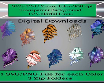 Coloridos archivos de imágenes prediseñadas de leones - SVG-PNG Clipart Files - Conjunto de 10 leones coloridos con fondos transparentes