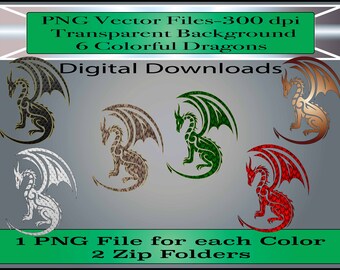 Dragon PNG Files - Conjunto de 6 dragones coloridos - Clipart Files