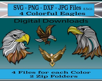 SVG - PNG - DXF - jpg - Cortar archivos - Conjunto de 4 águilas coloridas - Archivos de corte de águilas